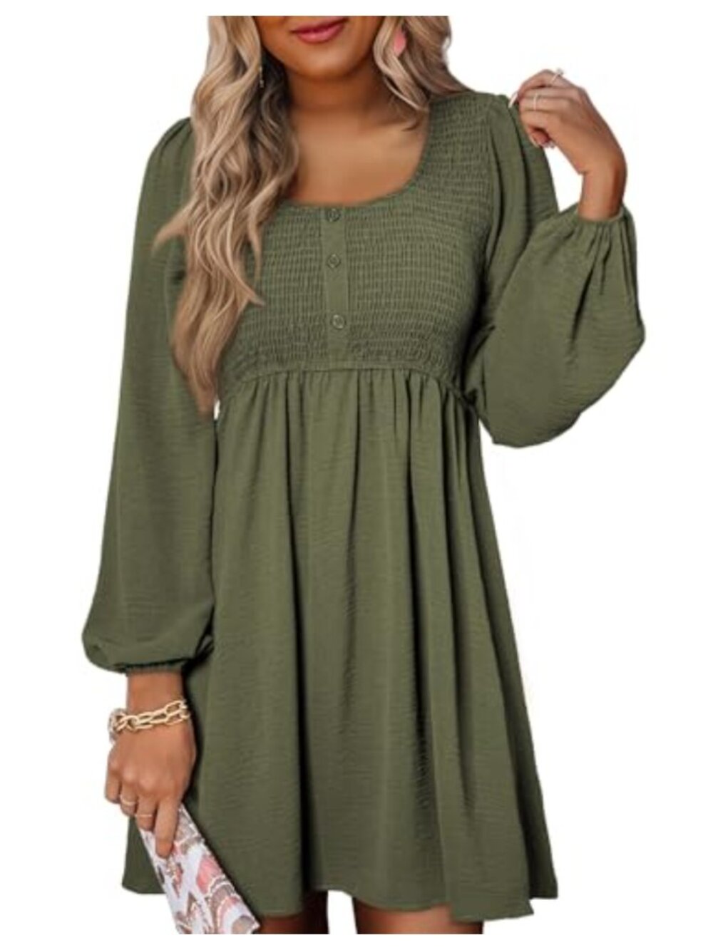 100% Polyester Smocked Empire Waist A-Line Swing Mini Dress Long Sleeve